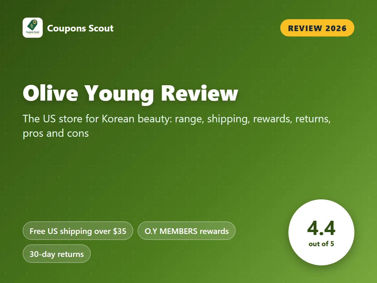 Olive Young review 2026 cover with score 4.4 out of 5 by Coupons Scout