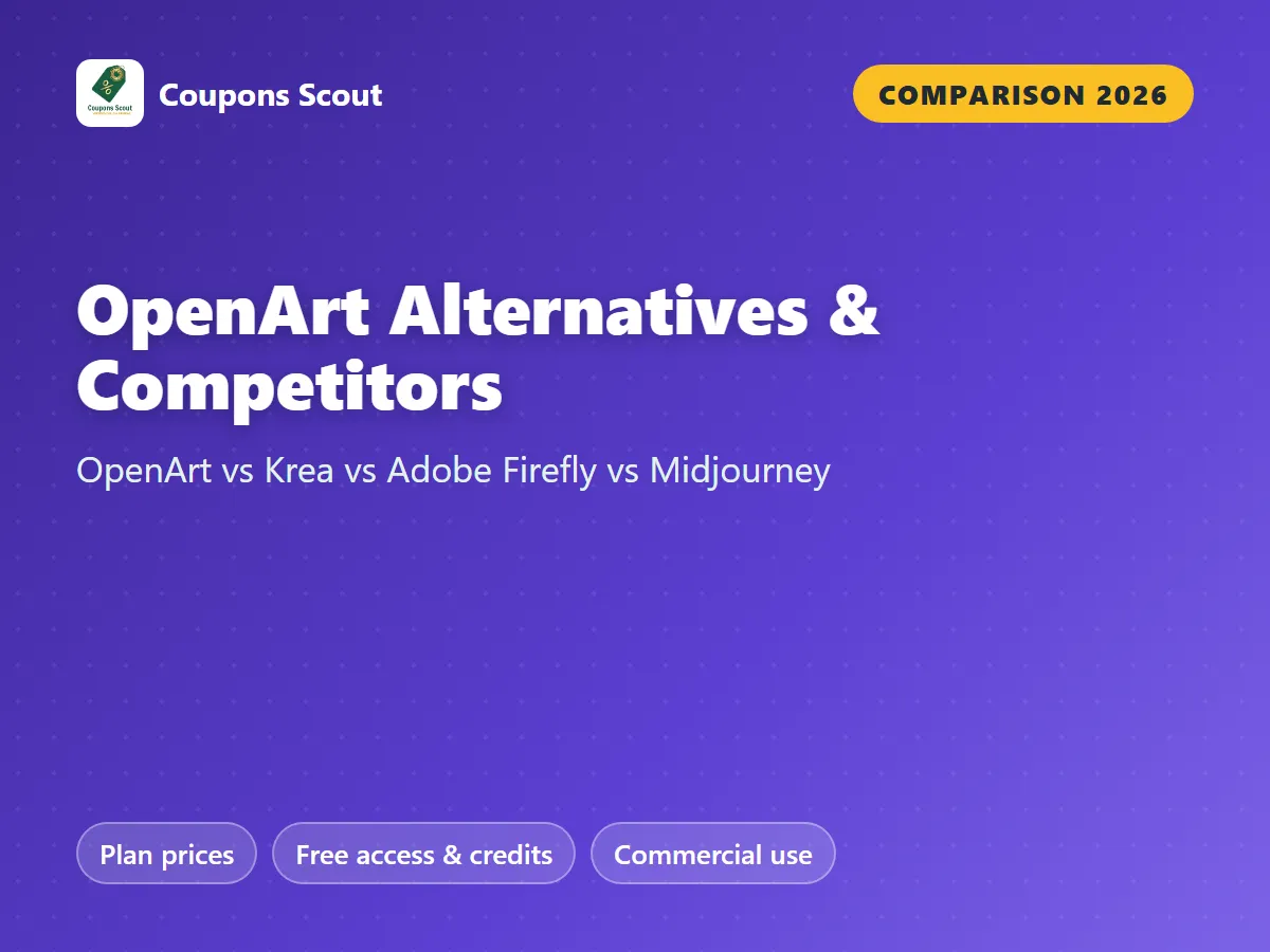 OpenArt AI vs Krea vs Adobe Firefly vs Midjourney comparison cover for 2026 by Coupons Scout