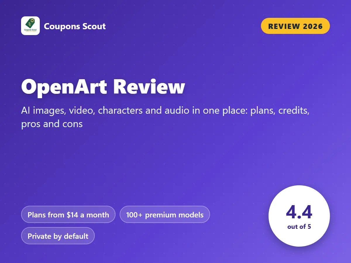 OpenArt review 2026 cover with score 4.4 out of 5 by Coupons Scout