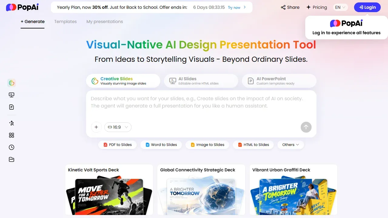 PopAI homepage with the AI presentation prompt box and PDF to Slides, Word to Slides tools