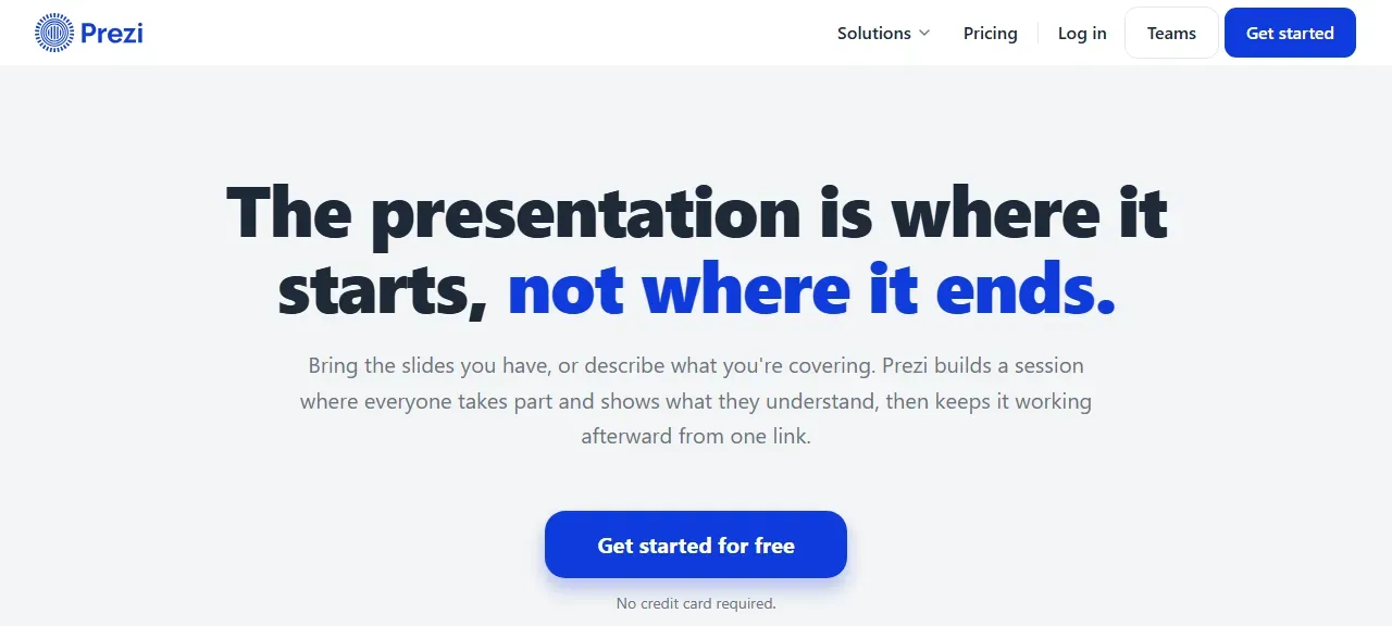 Prezi homepage with the option to import slides or describe a presentation and add live polls