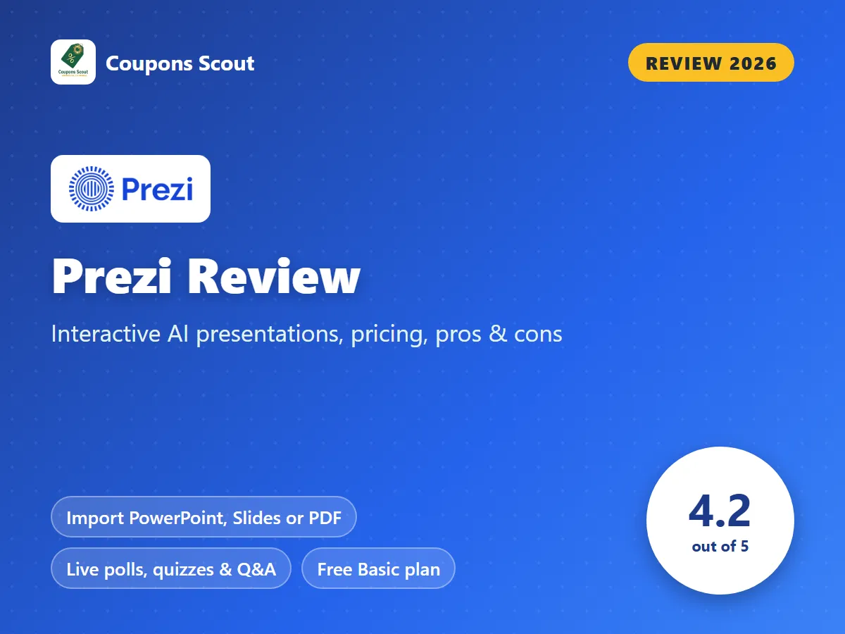 Prezi review 2026 cover with score 4.2 out of 5 by Coupons Scout