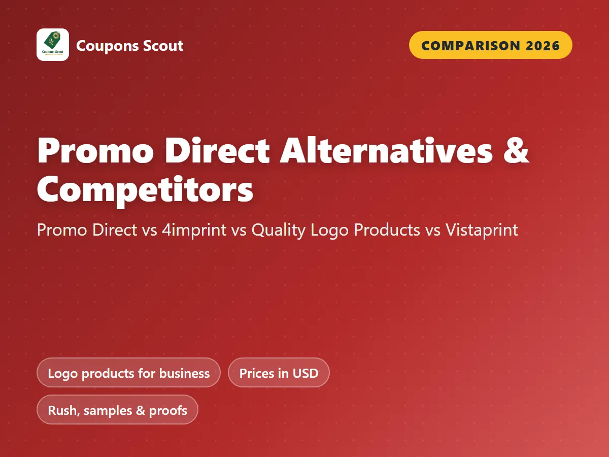 Promo Direct vs 4imprint vs Quality Logo Products vs Vistaprint promotional products comparison cover for 2026 by Coupons Scout