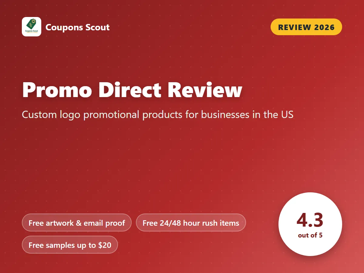 Promo Direct review 2026 cover with score 4.3 out of 5 by Coupons Scout
