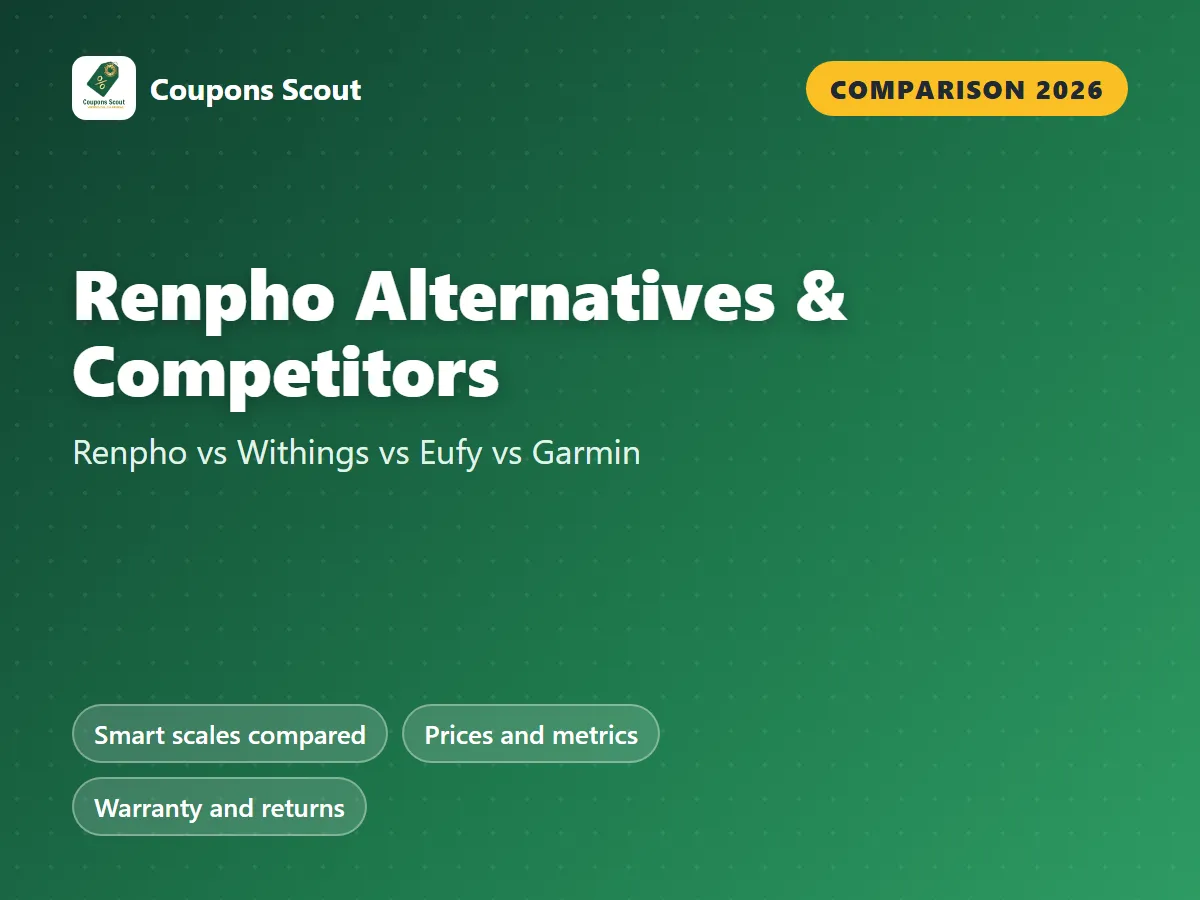 Renpho vs Withings vs Eufy vs Garmin smart scale comparison cover for 2026 by Coupons Scout