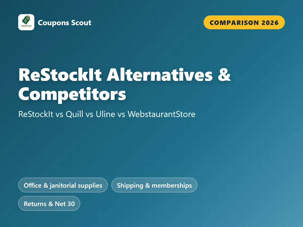 ReStockIt vs Quill vs Uline vs WebstaurantStore business supplies comparison cover for 2026 by Coupons Scout