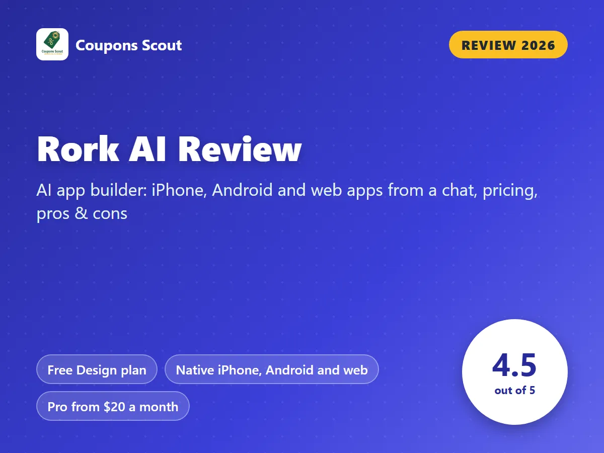 Rork AI review 2026 cover with score 4.5 out of 5 by Coupons Scout