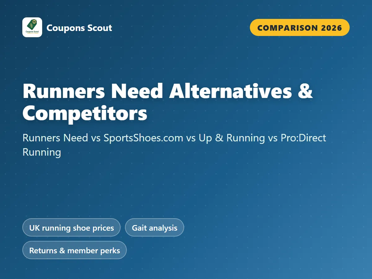 Runners Need vs SportsShoes.com vs Up & Running vs Pro:Direct Running comparison cover for 2026 by Coupons Scout