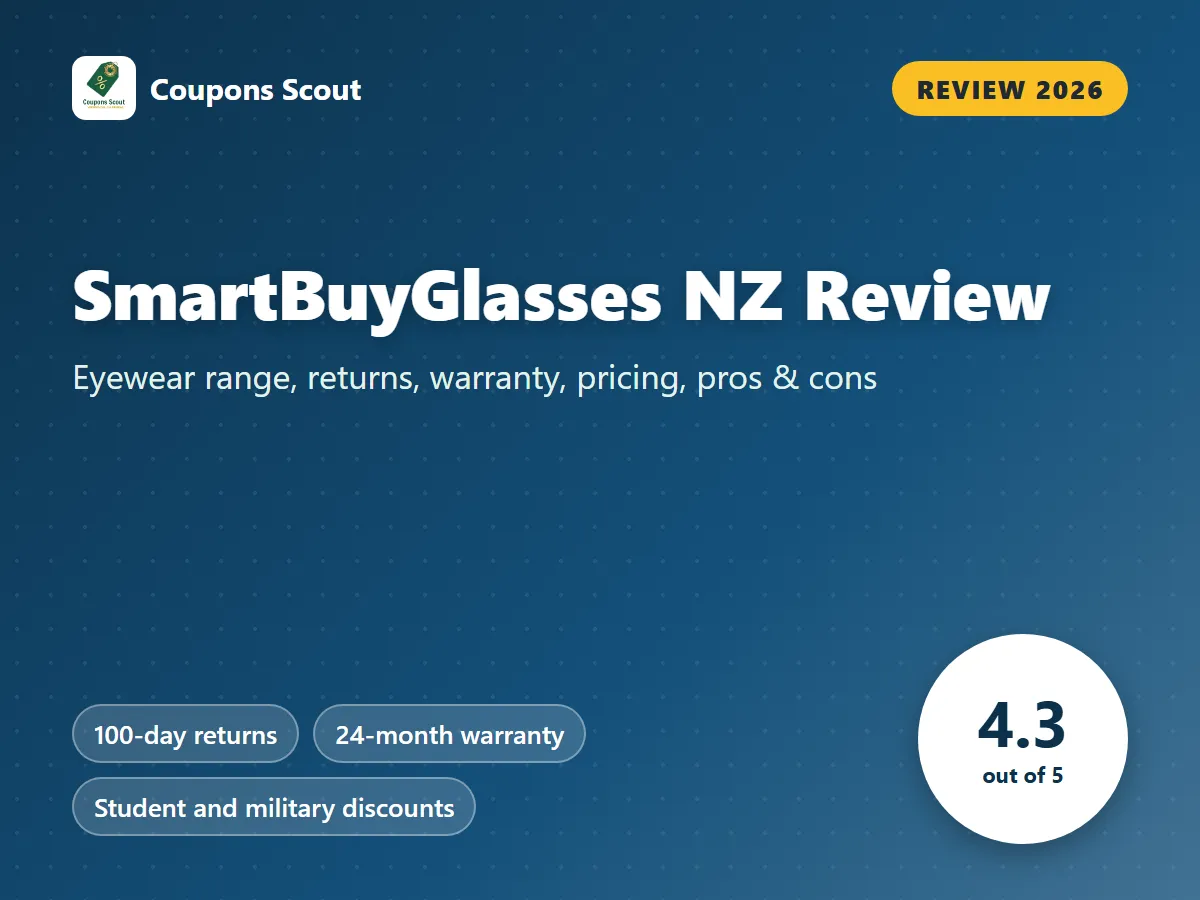SmartBuyGlasses NZ review 2026 cover with score 4.3 out of 5 by Coupons Scout