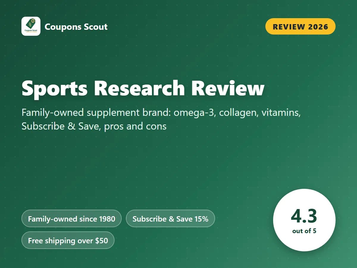 Sports Research review 2026 cover with score 4.3 out of 5 by Coupons Scout