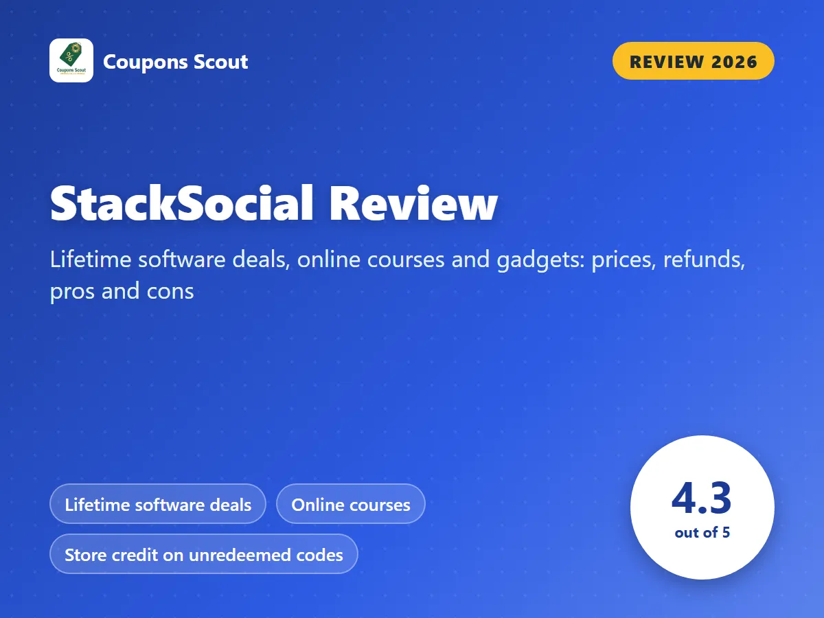 StackSocial review 2026 cover with score 4.3 out of 5 by Coupons Scout