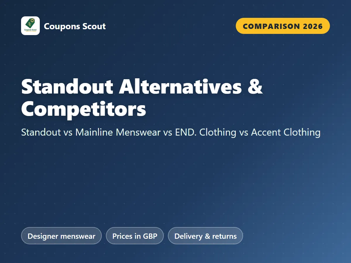 Standout vs Mainline Menswear vs END. Clothing vs Accent Clothing menswear comparison cover for 2026 by Coupons Scout