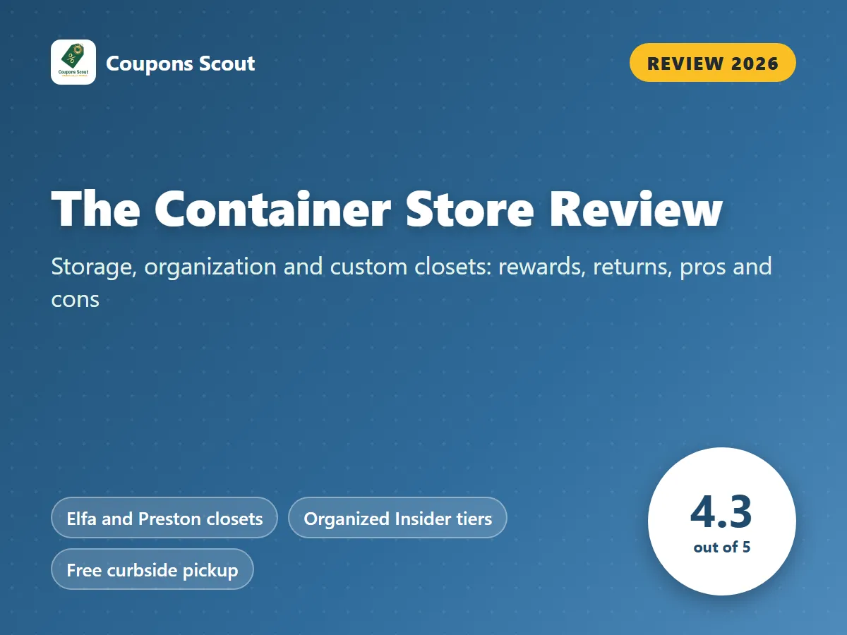 The Container Store review 2026 cover with score 4.3 out of 5 by Coupons Scout