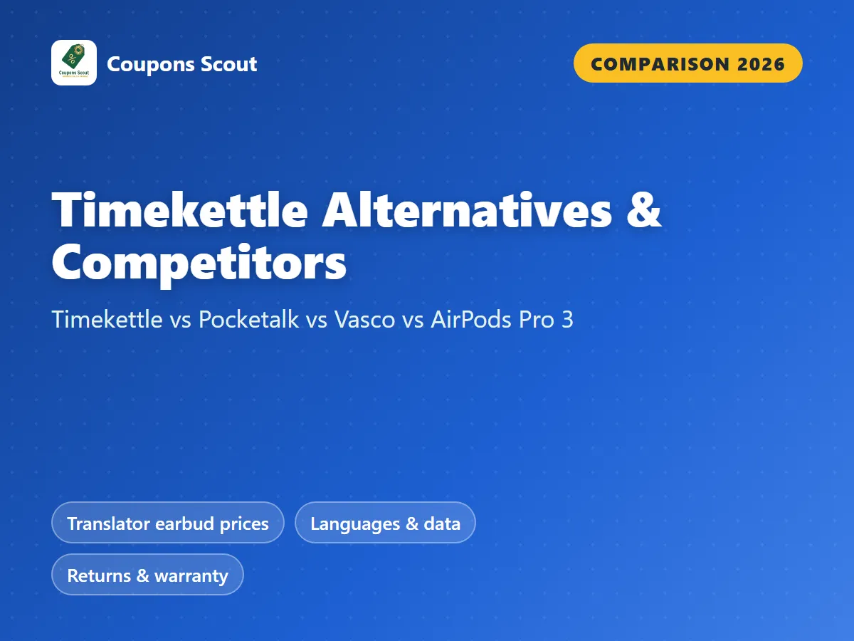 Timekettle vs Pocketalk vs Vasco vs AirPods Pro 3 translator comparison cover for 2026 by Coupons Scout