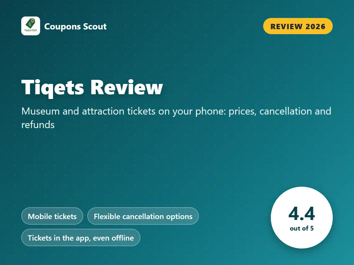 Tiqets review 2026 cover with score 4.4 out of 5 by Coupons Scout
