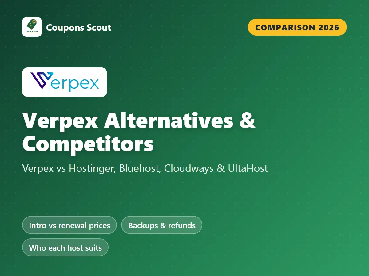 Verpex vs Hostinger vs Bluehost vs Cloudways vs UltaHost comparison cover for 2026 by Coupons Scout