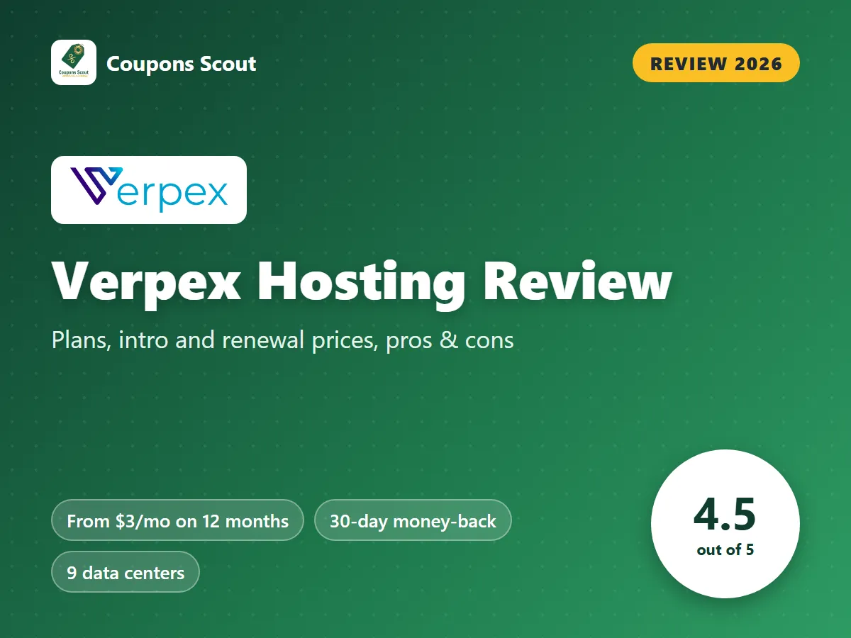 Verpex hosting review 2026 cover with score 4.5 out of 5 by Coupons Scout