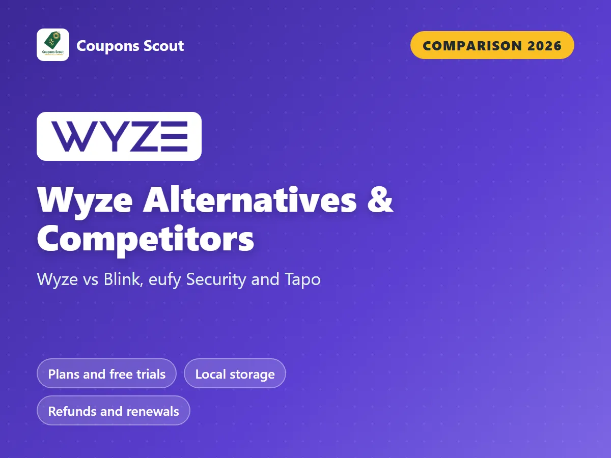 Wyze vs Blink vs eufy Security vs Tapo comparison cover for 2026 by Coupons Scout